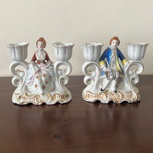 Victorian Lady and Gentleman Antique Gilded Candlestick Holders